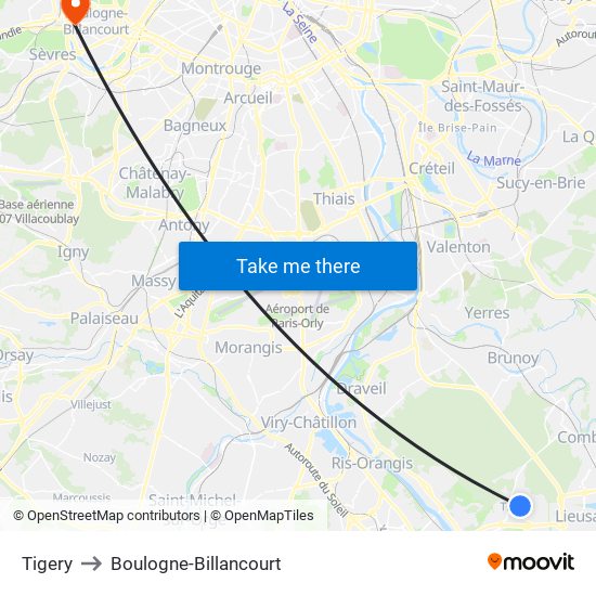 Tigery to Boulogne-Billancourt map
