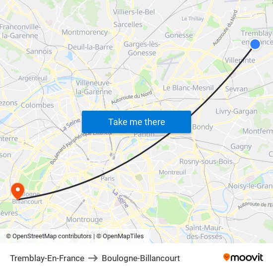 Tremblay-En-France to Boulogne-Billancourt map