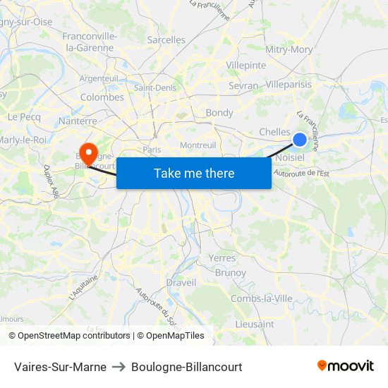 Vaires-Sur-Marne to Boulogne-Billancourt map