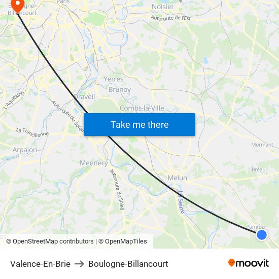 Valence-En-Brie to Boulogne-Billancourt map