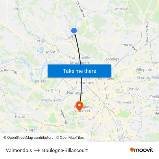 Valmondois to Boulogne-Billancourt map