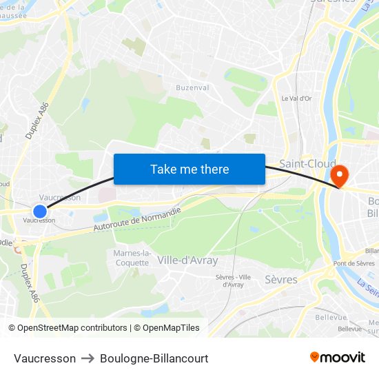 Vaucresson to Boulogne-Billancourt map