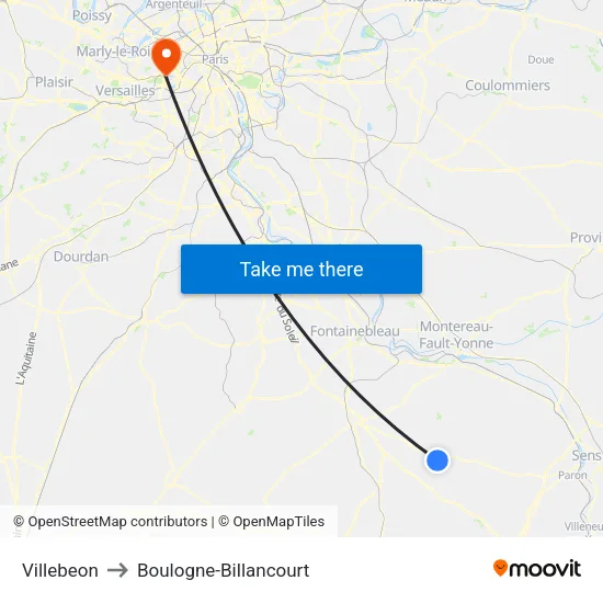 Villebeon to Boulogne-Billancourt map