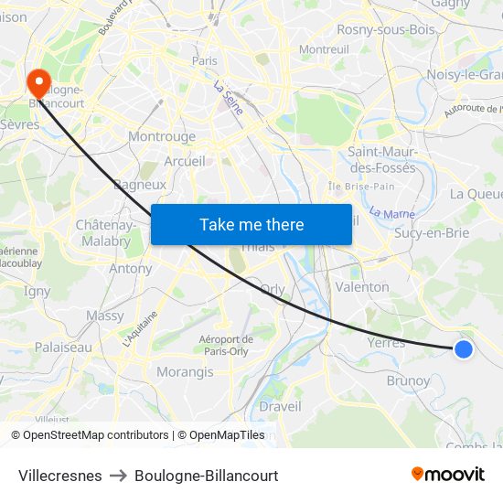 Villecresnes to Boulogne-Billancourt map