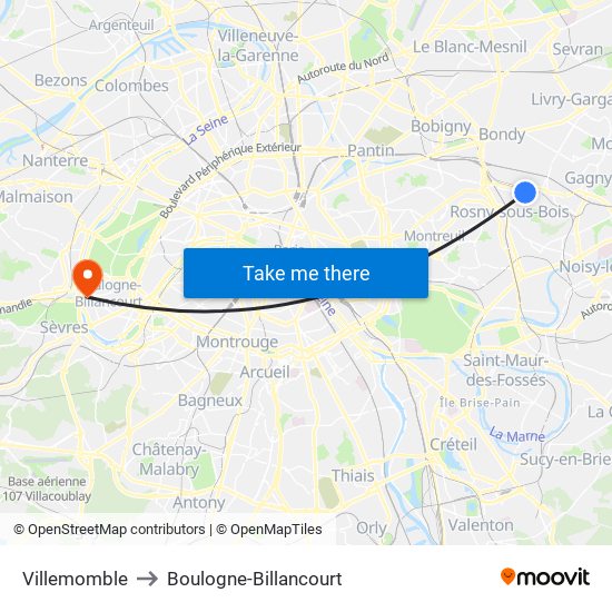 Villemomble to Boulogne-Billancourt map