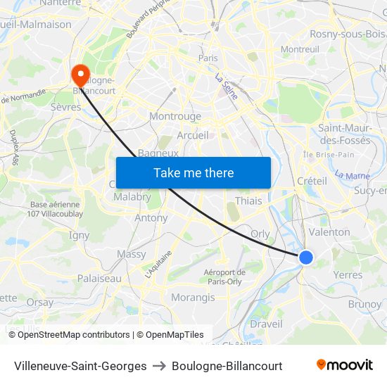 Villeneuve-Saint-Georges to Boulogne-Billancourt map