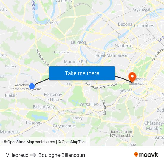 Villepreux to Boulogne-Billancourt map