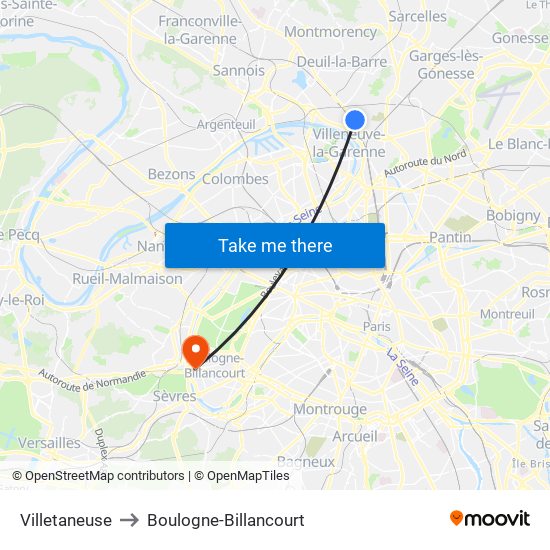 Villetaneuse to Boulogne-Billancourt map