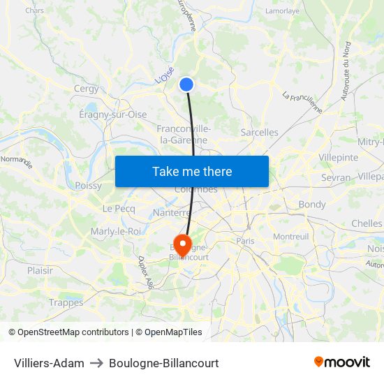 Villiers-Adam to Boulogne-Billancourt map