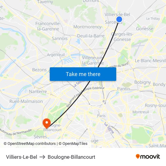 Villiers-Le-Bel to Boulogne-Billancourt map