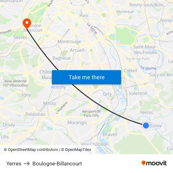 Yerres to Boulogne-Billancourt map