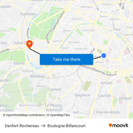 Denfert-Rochereau to Boulogne-Billancourt map