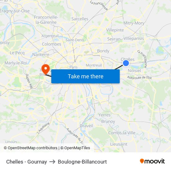 Chelles - Gournay to Boulogne-Billancourt map