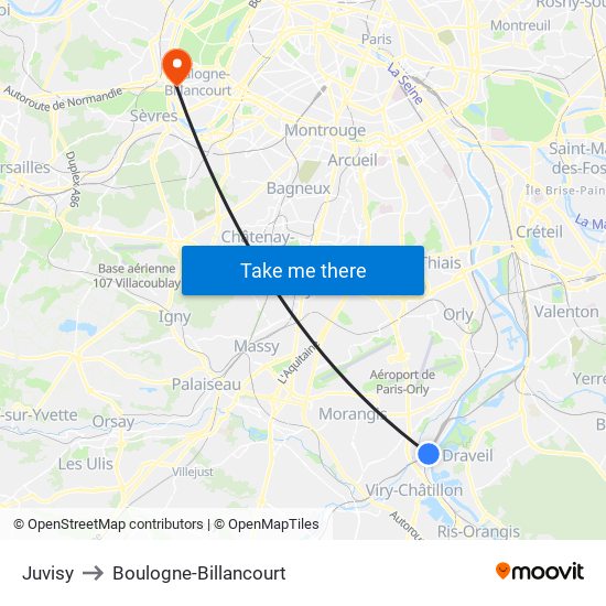 Juvisy to Boulogne-Billancourt map