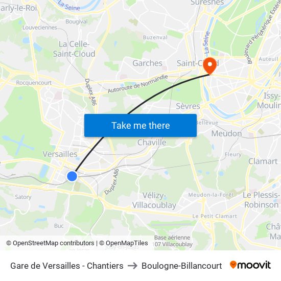 Gare de Versailles - Chantiers to Boulogne-Billancourt map
