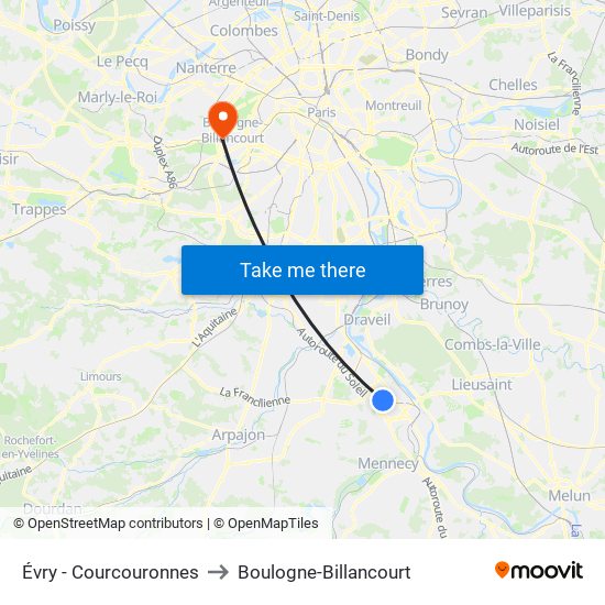 Évry - Courcouronnes to Boulogne-Billancourt map