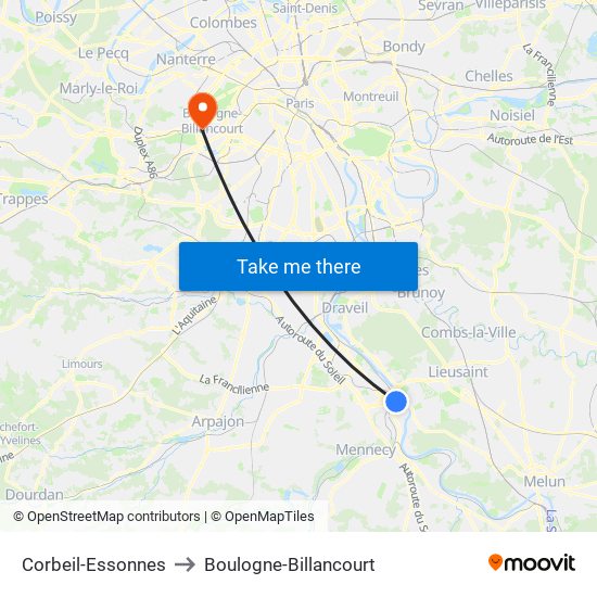 Corbeil-Essonnes to Boulogne-Billancourt map