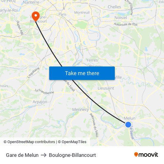 Gare de Melun to Boulogne-Billancourt map