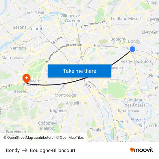 Bondy to Boulogne-Billancourt map