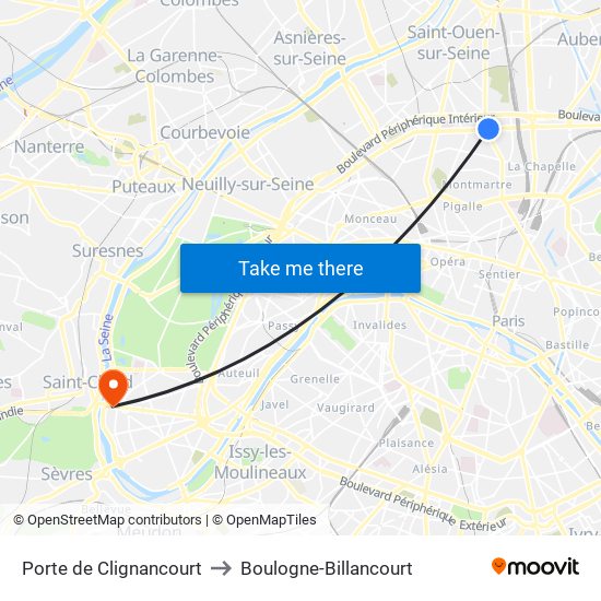 Porte de Clignancourt to Boulogne-Billancourt map