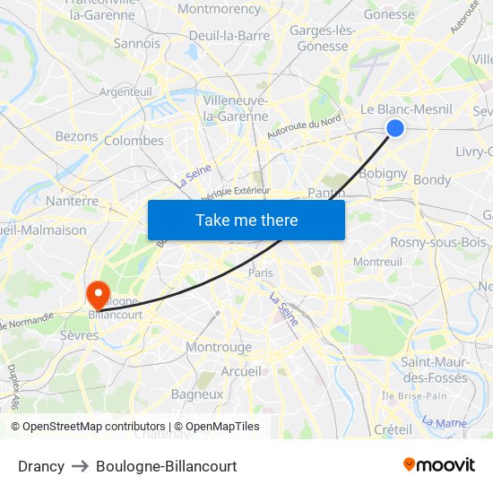 Drancy to Boulogne-Billancourt map