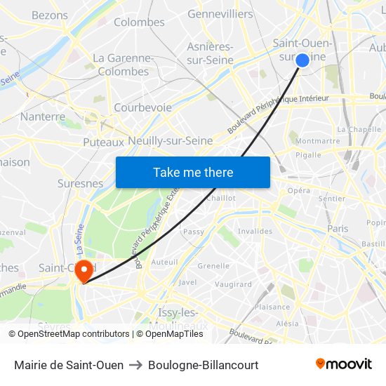 Mairie de Saint-Ouen to Boulogne-Billancourt map