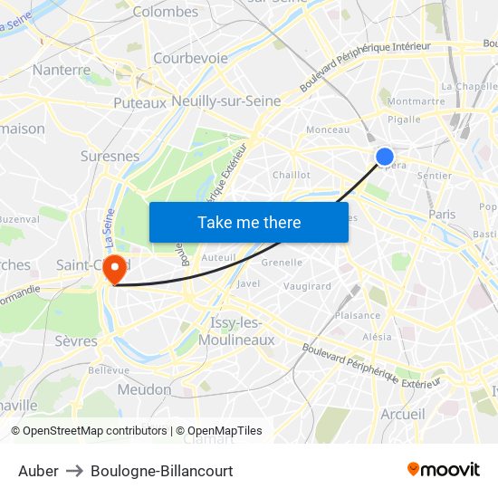 Auber to Boulogne-Billancourt map