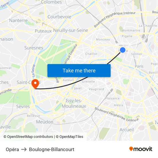 Opéra to Boulogne-Billancourt map