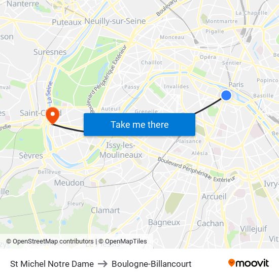 St Michel Notre Dame to Boulogne-Billancourt map