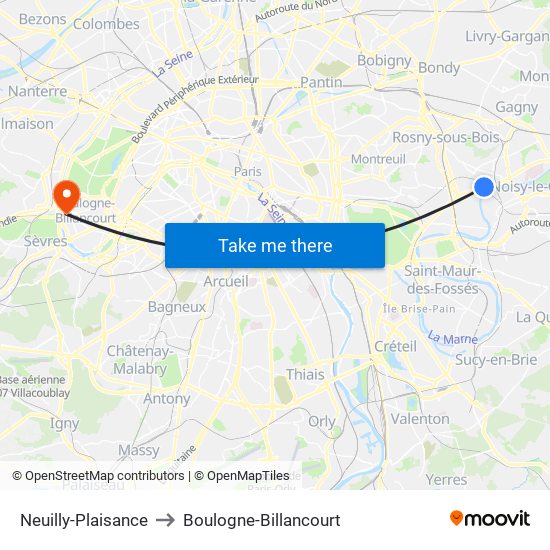 Neuilly-Plaisance to Boulogne-Billancourt map