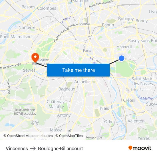 Vincennes to Boulogne-Billancourt map