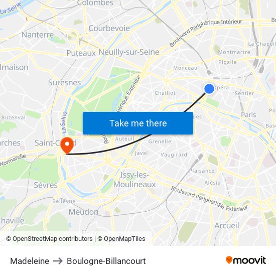 Madeleine to Boulogne-Billancourt map