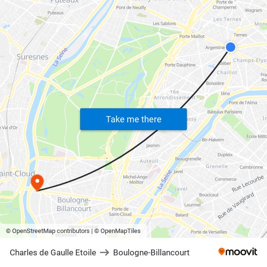 Charles de Gaulle Etoile to Boulogne-Billancourt map