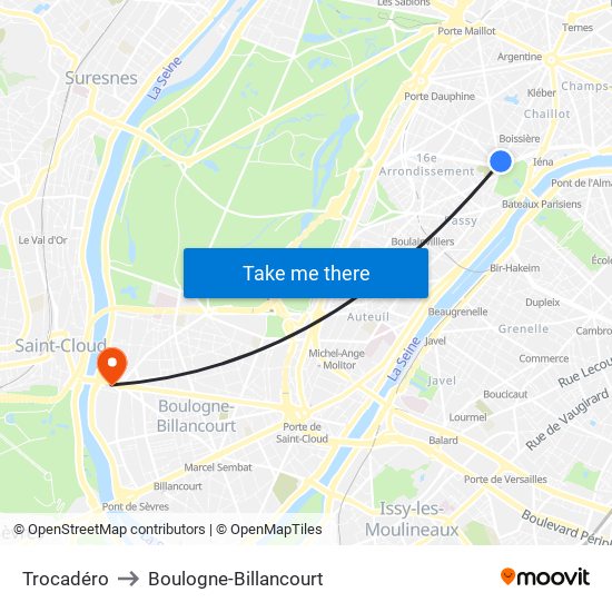 Trocadéro to Boulogne-Billancourt map