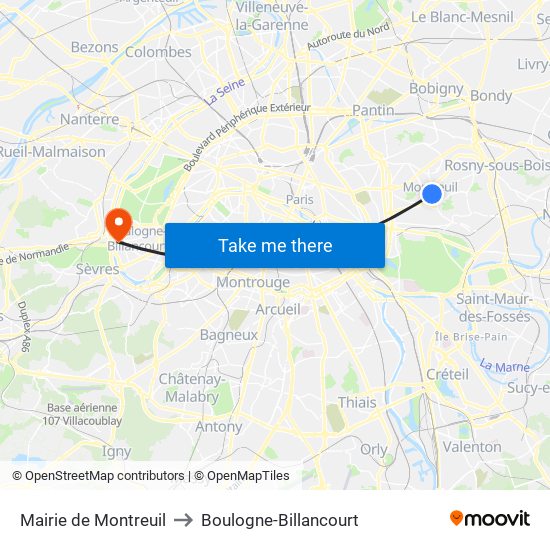 Mairie de Montreuil to Boulogne-Billancourt map