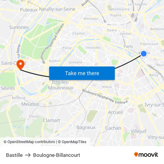 Bastille to Boulogne-Billancourt map