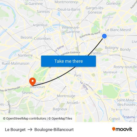 Le Bourget to Boulogne-Billancourt map