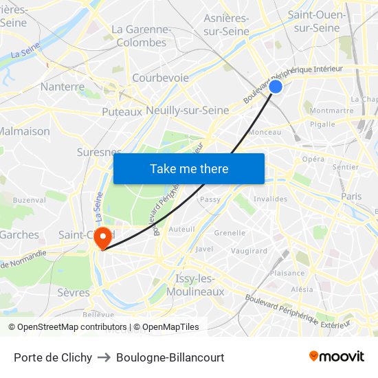 Porte de Clichy to Boulogne-Billancourt map