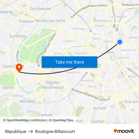 République to Boulogne-Billancourt map