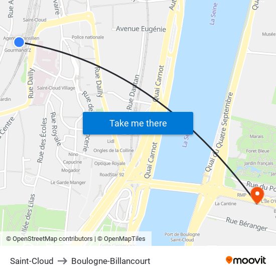 Saint-Cloud to Boulogne-Billancourt map