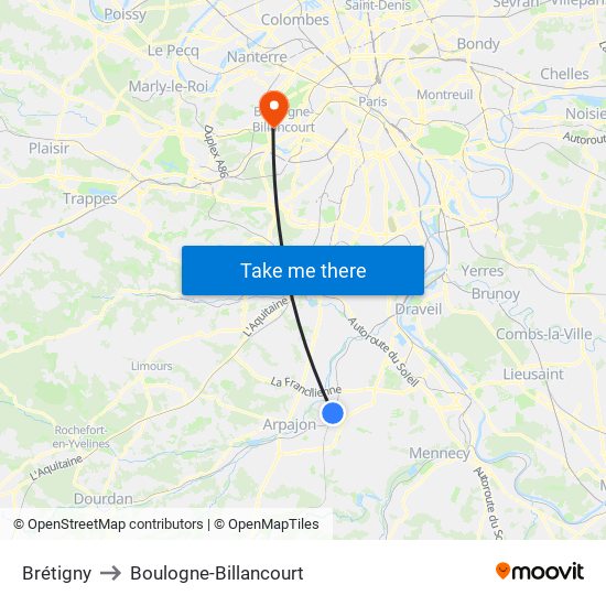 Brétigny to Boulogne-Billancourt map