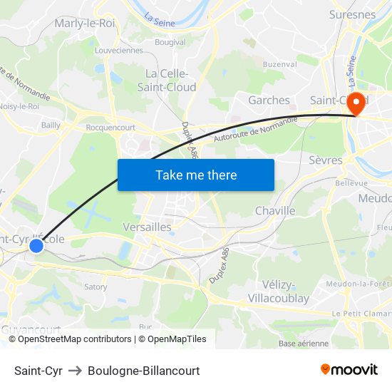 Saint-Cyr to Boulogne-Billancourt map
