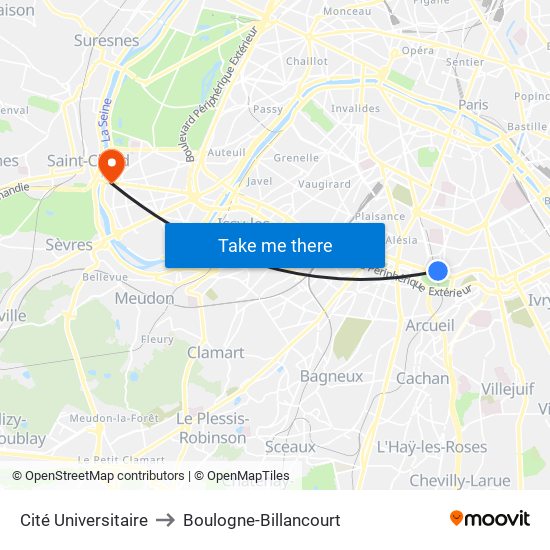 Cité Universitaire to Boulogne-Billancourt map