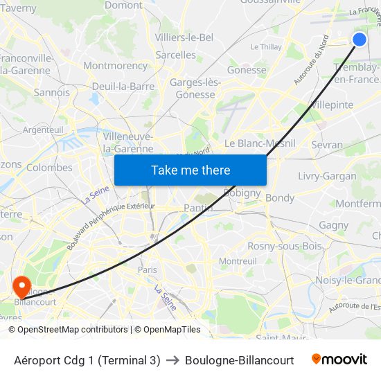 Aéroport Cdg 1 (Terminal 3) to Boulogne-Billancourt map