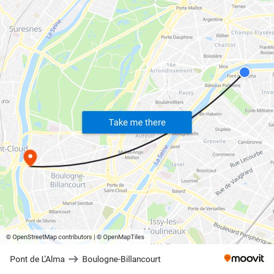 Pont de L'Alma to Boulogne-Billancourt map