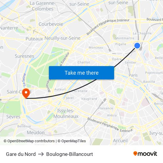 Gare du Nord to Boulogne-Billancourt map