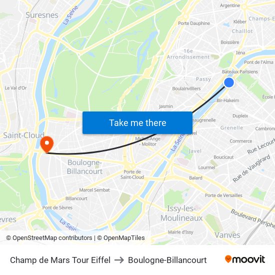 Champ de Mars Tour Eiffel to Boulogne-Billancourt map