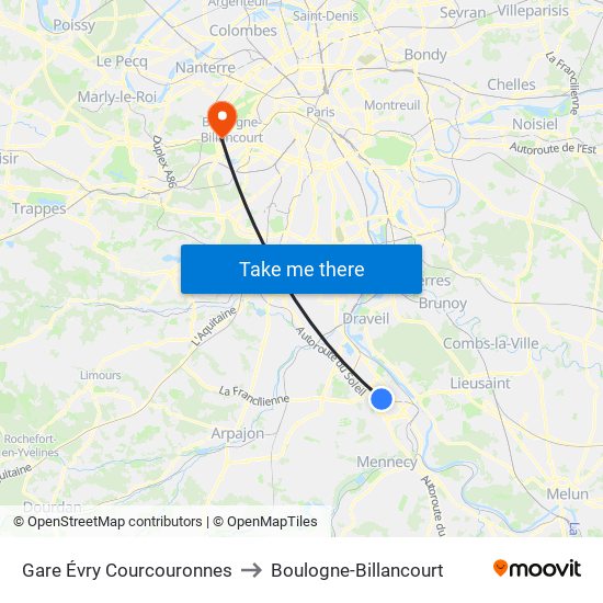 Gare Évry Courcouronnes to Boulogne-Billancourt map