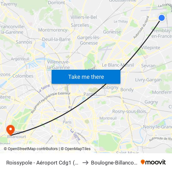 Roissypole - Aéroport Cdg1 (D3) to Boulogne-Billancourt map
