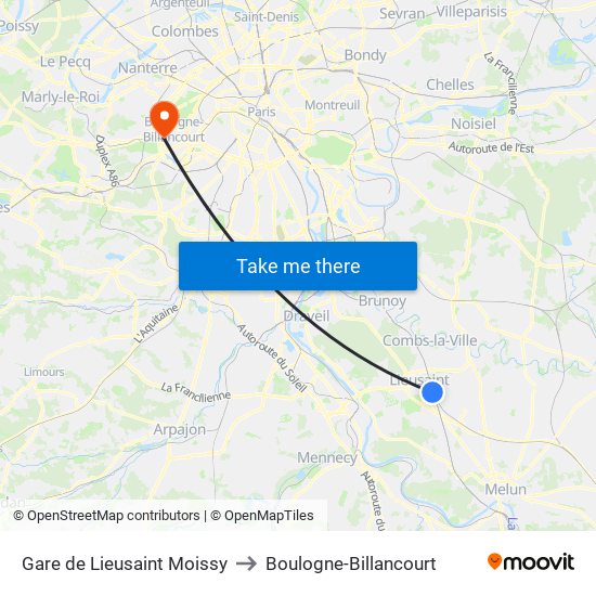 Gare de Lieusaint Moissy to Boulogne-Billancourt map